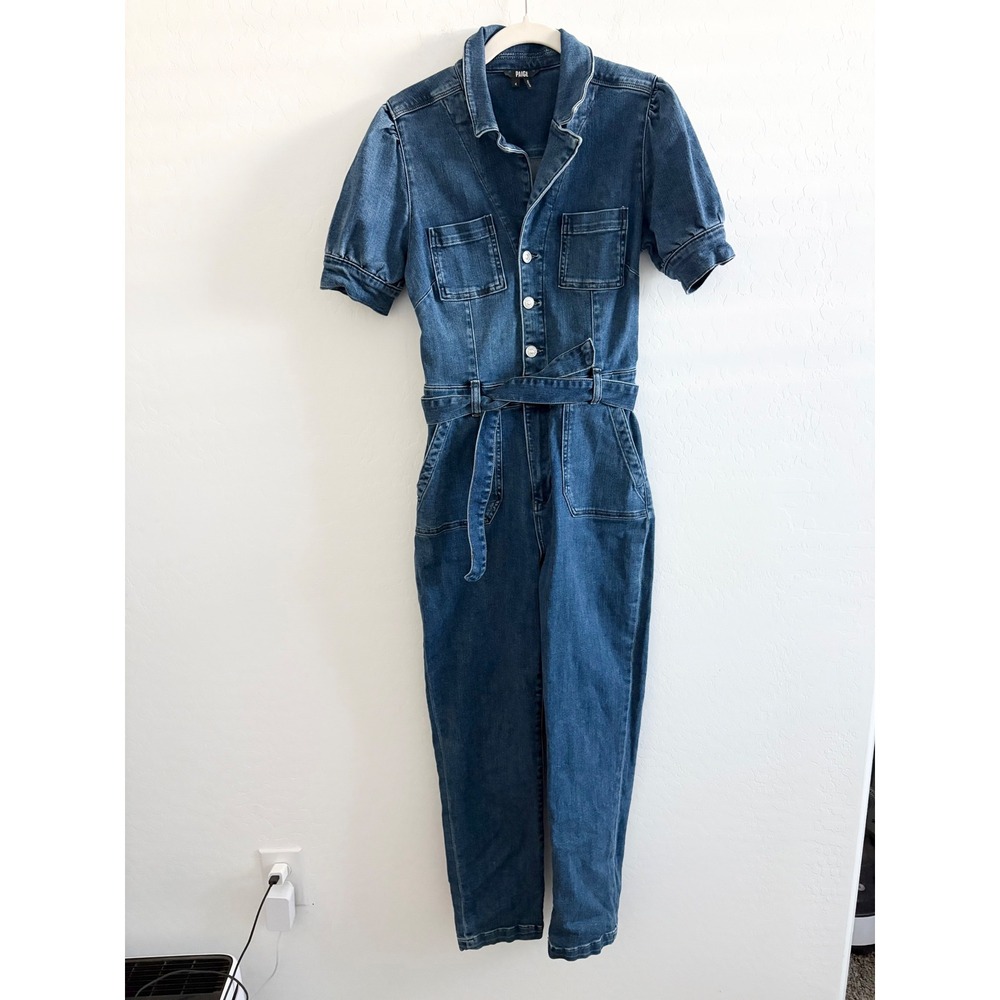 PAIGE Mayslie Straight Ankle Denim Jumpsuit Janelle Blue Puff Sleeve Size 4 - Picture 2 of 9